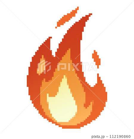 Pixel Fire flames, bright fireball, heat wildfire and red hot bonfire, red fiery flames. 112190860