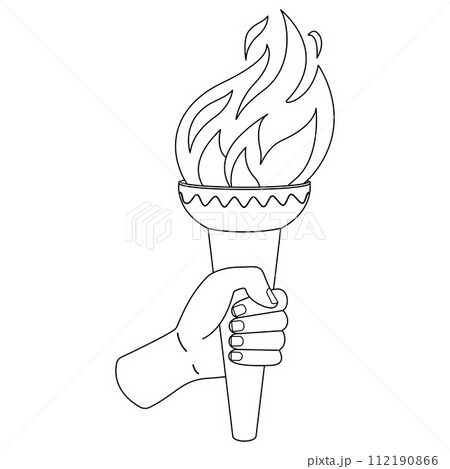 Hand holding a torch. Sport symbol. Black and white flat vector illustration design. 112190866