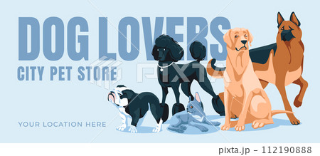 Set of different dogs. Veterinary poster or pet food shop design. Vector flat illustration. Set of different dogs. Veterinary poster or pet food shop design. Vector flat illustration. 112190888