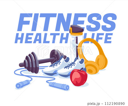 A set of objects for fitness and sports a nd gym. Sports shoes, water, jump rope, apple dumbbells, headphones. Vector flat illustration 112190890