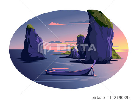 Sunset at the resort of Thailand. Rocky islands near the ocean coast. Tourism, recreation and travel. Traditional rest. Vector illustration 112190892
