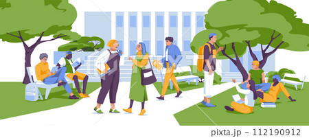 A crowd of students on the campus lawn. Diversity people. College and education. Flat vector illustration 112190912