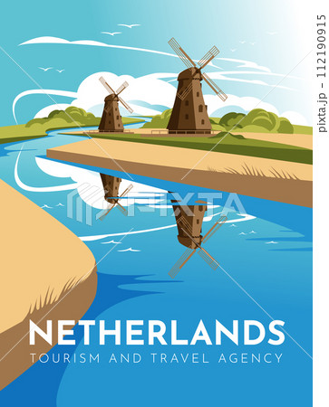 Traditional Netherlands windmills on the river bank. European tourism and travel poster. Vector flat illustration 112190915