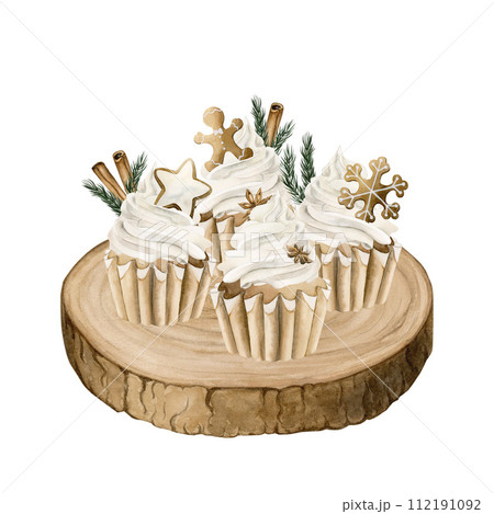 Composition of christmas cupcakes with cinnamon, pine branches, star anise, gingerbread cookies on wooden tray. Watercolor illustration isolated on white background for winter holidays design. 112191092