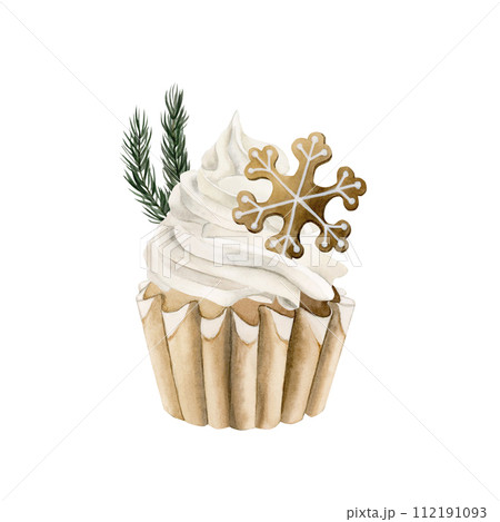Cupcake with white cream, pine branch and gingerbread cookie. Composition. Watercolor illustration isolated on white background for bakery and confectionery or Christmas holiday design. Cupcake with white cream, pine branch and gingerbread cookie. Composition. Watercolor illustration isolated on white background for bakery and confectionery or Christmas holiday design. 112191093