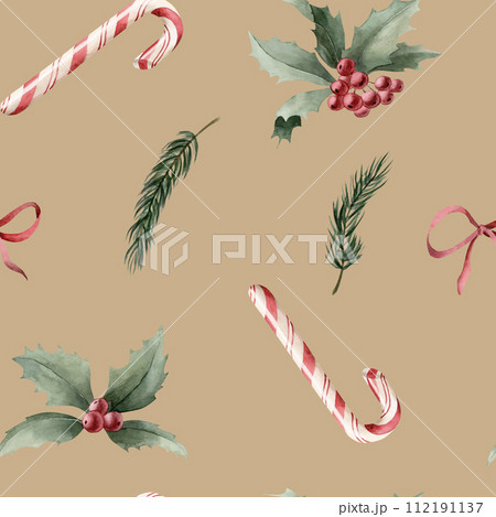 Watercolor seamless pattern with candy canes, holly, pine branches and red ribbon bow on beige background. Christmas winter holiday design for fabric, textile, scrapbooking, wallpaper, wrapping papper Watercolor seamless pattern with candy canes, holly, pine branches and red ribbon bow on beige background. Christmas winter holiday design for fabric, textile, scrapbooking, wallpaper, wrapping papper 112191137