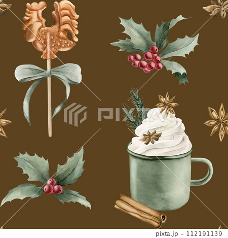 Watercolor seamless pattern with candy cock lollipop, green mug, cinnamon, anise, holly, pine branches and green ribbon bow on dark background. Christmas winter holiday design for fabric, textile, scr 112191139