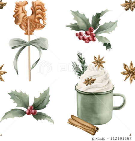 Watercolor seamless pattern with candy cock lollipop, green mug, cinnamon, anise, holly, pine branches and green ribbon bow on white background. Christmas winter holiday design for fabric, textile, sc Watercolor seamless pattern with candy cock lollipop, green mug, cinnamon, anise, holly, pine branches and green ribbon bow on white background. Christmas winter holiday design for fabric, textile, sc 112191267