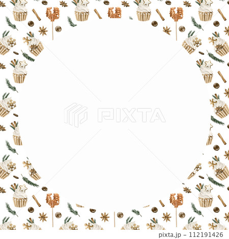 Frame with watercolor seamless pattern with Christmas cupcakes, cinnamon, pine branches, star anise, gingerbread cookies on white background. Christmas winter holiday design for fabric, textile, scrap 112191426