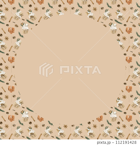 Frame with watercolor seamless pattern with Christmas cupcakes, cinnamon, pine branches, star anise, gingerbread cookies on beige background. Christmas winter holiday design for fabric, textile, scrap Frame with watercolor seamless pattern with Christmas cupcakes, cinnamon, pine branches, star anise, gingerbread cookies on beige background. Christmas winter holiday design for fabric, textile, scrap 112191428