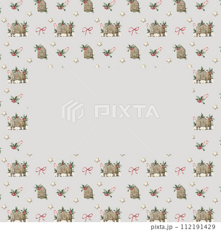 Frame with watercolor seamless pattern with gingerbread cookies, candy canes, cotton, holly, pine branches and red ribbon bow on light color background. Christmas winter holiday design for fabric, tex Frame with watercolor seamless pattern with gingerbread cookies, candy canes, cotton, holly, pine branches and red ribbon bow on light color background. Christmas winter holiday design for fabric, tex 112191429