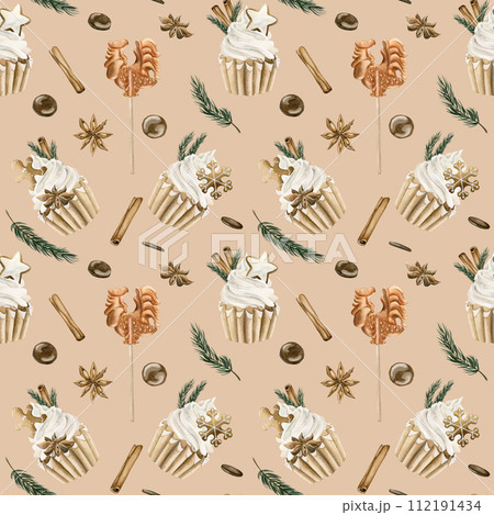 Watercolor seamless pattern with Christmas cupcakes with cinnamon, pine branches, star anise, gingerbread cookies on beige background. Christmas winter holiday design for fabric, textile, scrapbooking 112191434
