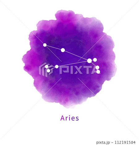 Constellation Aries on a bright purple watercolor stain isolated on a white background. Zodiac sign, horoscope symbol on handmade watercolor texture. Vector illustration. 112191584