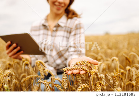A young female agronomist with a modern tablet checks the quality. Gardening concept, harvesting. 112191695