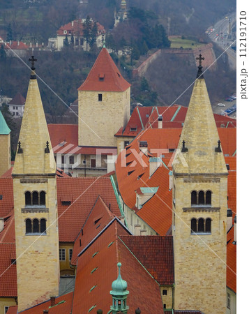 Prague roof tops. Aerial view of old terracotta houses in Prague. 112191710