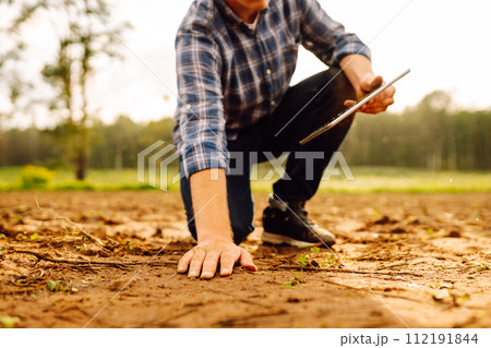 The farm owner's hand touches soil, checks quality of the soil before sowing. Ecology, technology. 112191844