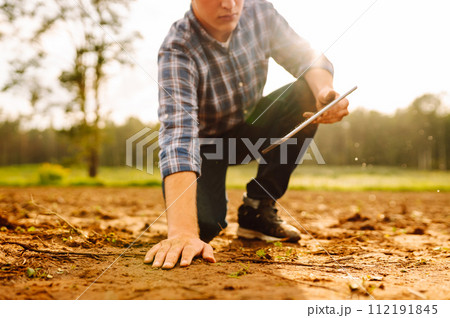 The farm owner's hand touches soil, checks quality of the soil before sowing. Ecology, technology. 112191845
