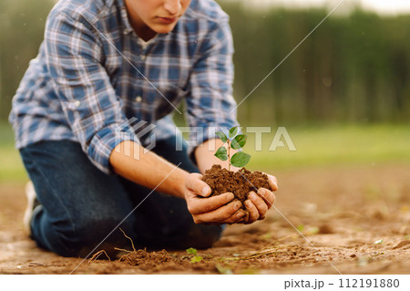 A man holds a green plant in his hands. Growing food. Agriculture concept. A man holds a green plant in his hands. Growing food. Agriculture concept. 112191880