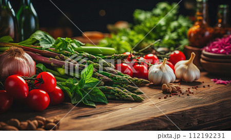 Fresh artichokes and organic vegetables on a rustic old wooden table. Vegan food concept 112192231
