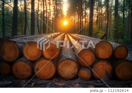A pile of wooden logs is stacked in the forest in sunset. Logging concept A pile of wooden logs is stacked in the forest in sunset. Logging concept 112192614