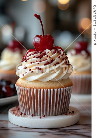 A vanilla cupcake with buttercream cream, sprinkles and cherry on top on a white plate 112192645