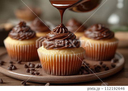 A vanilla cupcake with chocolate cream standing on a wooden board is poured with chocolate topping 112192646