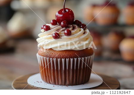 A chocolate cupcake with buttercream cream, sprinkles and cherry on top on a wooden board 112192647