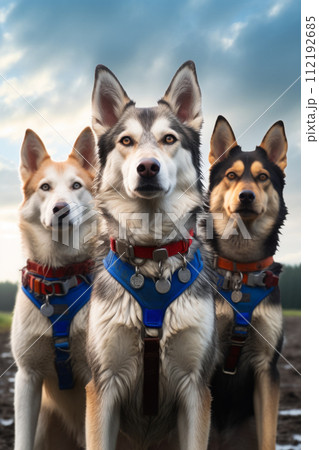 Three Siberian Huskies in harness, attentively looking forward with a vibrant sky in the background. Generative Ai. Three Siberian Huskies in harness, attentively looking forward with a vibrant sky in the background. Generative Ai. 112192685