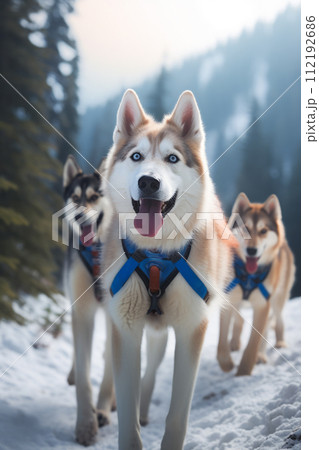 Huskies on snow, embodying winter teamwork. Generative Ai. 112192686