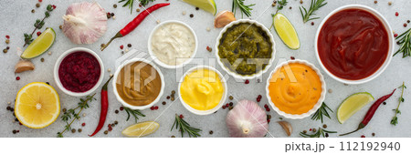 Different types of sauces in bowls Different types of sauces in bowls 112192940