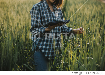 Smart farm. Farmer with tablet in the field. Agriculture, gardening or ecology concept. Harvesting. Agro business. Smart farm. Farmer with tablet in the field. Agriculture, gardening or ecology concept. Harvesting. Agro business. 112193639