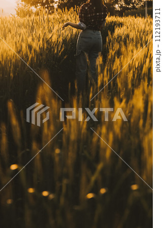 Young pretty woman in red summer dress and straw hat walking on yellow farm field with ripe golden wheat enjoying warm evening. 112193711