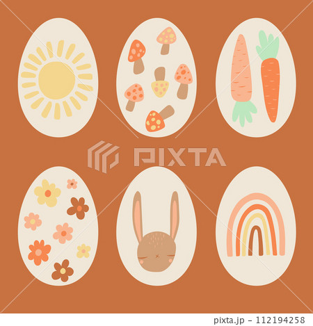 Easter holiday vector eggs set with bunny, flowers, rainbows, mushrooms, carrot 112194258