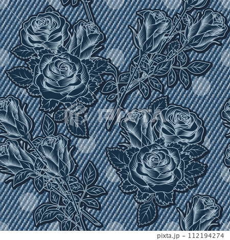 Denim floral seamless pattern with lush blooming roses on blue jeans texture. For prints, clothing, apparel, surface design Vintage style. Not AI 112194274
