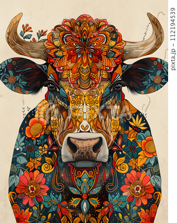 AI-generated content. A vibrant painting depicting a bull adorned with colorful flowers on its body. The artwork captures the beauty of nature on the powerful vertebrate animal, creating a stunning 112194539