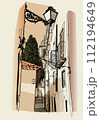 Traditional street in Alfama, Lisbon, Portugal - vector illustration 112194649