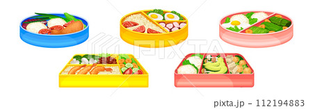 Bento Box as Japanese Container with Cooked Lunch Vector Set Bento Box as Japanese Container with Cooked Lunch Vector Set 112194883