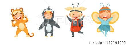 Little Boy and Girl Wearing Animal Costumes Waving Hand and Having Fun Vector Set 112195065