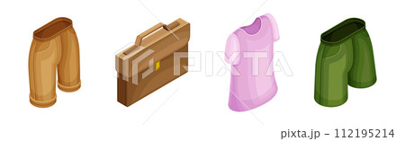 Isometric Clothes and Apparel with Breeches, Briefcase, Sweatshirt and Shorts Vector Set 112195214