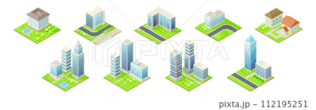 City Building and Urban Construction on Square Grass Vector Set 112195251