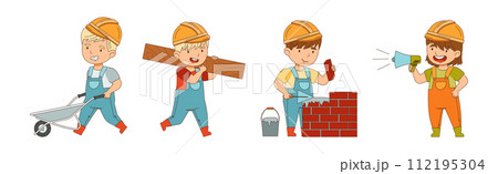 Kids Builder Character Wearing Uniform and Hardhat with Professional Tool Vector Set 112195304