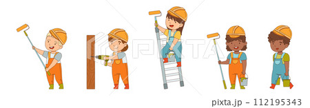 Kids Builder Character Wearing Uniform and Hardhat with Professional Tool Vector Set 112195343