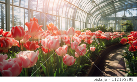 Flowers Tulips in a greenhouse, modern business and private entrepreneurship, a gift for a holiday. Pink 112195599