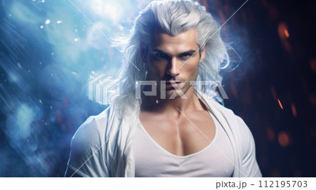 Illustration of fantasy character, ideal for novel book cover. White-haired man dangerous 112195703