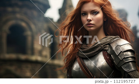 Illustration of fantasy character, ideal for novel book cover. Redhead Female Warrior traveller 112195727