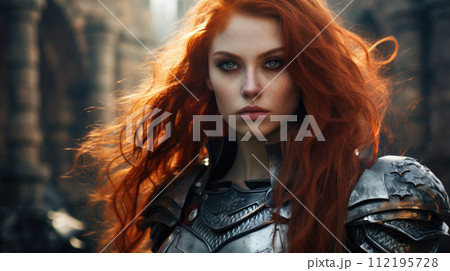 Illustration of fantasy character, ideal for novel book cover. Redhead Female Warrior armour 112195728