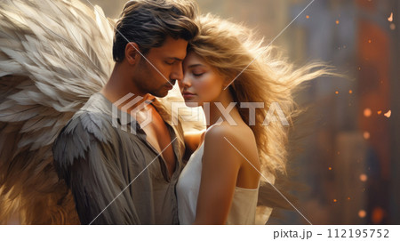 Illustration of fantasy character, ideal for novel book cover. woman, man, hugging wings, angel Illustration of fantasy character, ideal for novel book cover. woman, man, hugging wings, angel 112195752