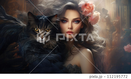 Illustration of fantasy character, ideal for novel book cover. Cat, Woman 112195772