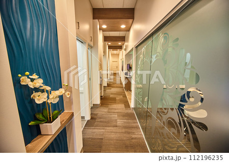 Modern Corporate Hallway with Blue Accent Curtain and Orchid 112196235