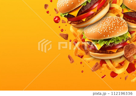 Juicy cheeseburger with fresh lettuce, tomato, and cheese on a toasted bun. 112196336